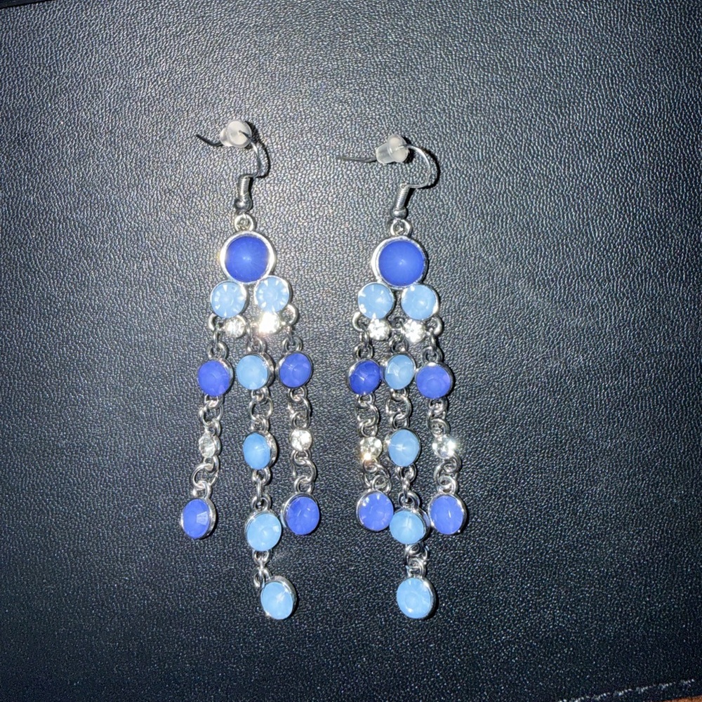 Chandelier earrings with blue light blue and silver rhinestones